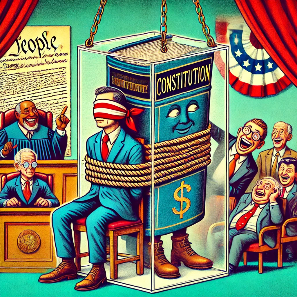 Satirische cartoon van een rechter met blinddoek en gebonden handen, terwijl het boek 'Grondwet' in een glazen kast staat, met lachende politici op de achtergrond.