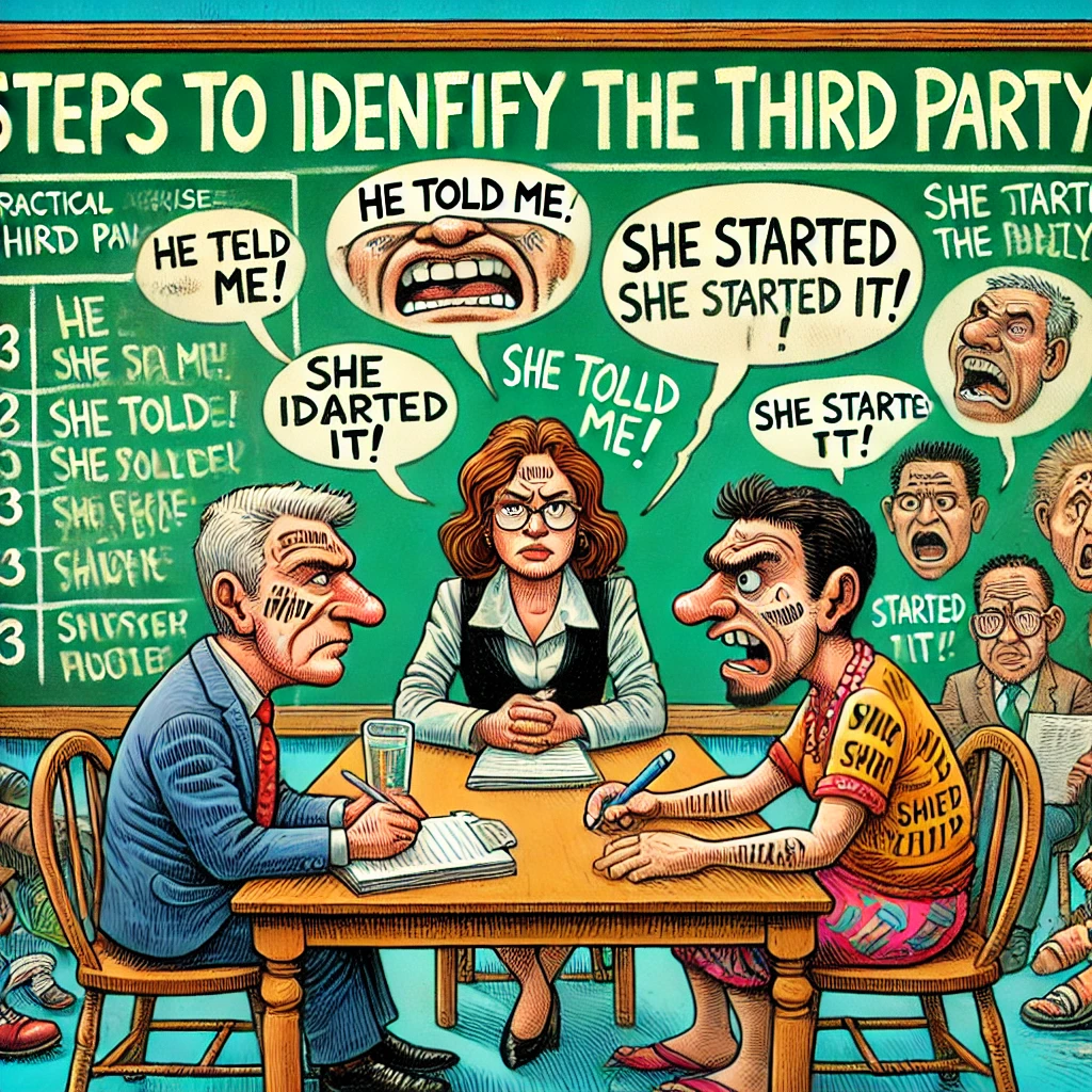 Cartoonstijl illustratie van een mediator die twee mensen interviewt om een conflict op te lossen door een Derde Partij te identificeren, met een humoristisch overzicht van stappen en een notitieboek vol namen.