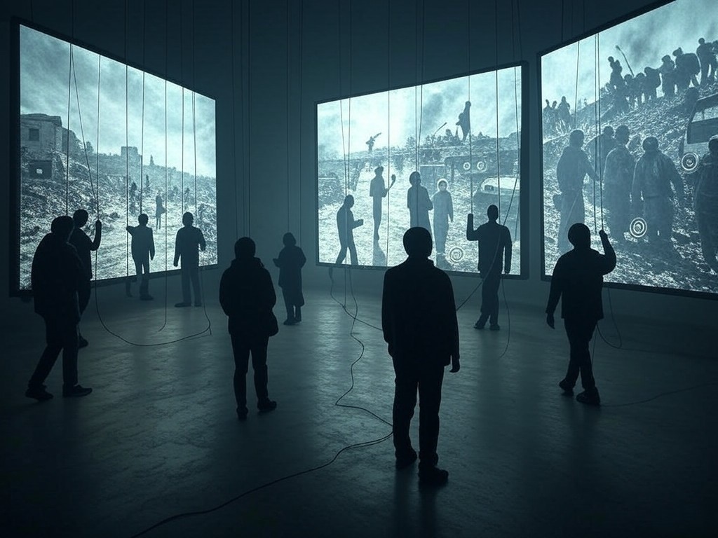 Een illustratie die de thema's van misinformatie en propaganda uitbeeldt, zoals besproken in de column over Radio Genoa. De afbeelding toont schaduwachtige, naamloze figuren die aan touwtjes trekken die verbonden zijn met grote schermen. De schermen tonen angstaanjagende beelden van migratie en oorlog. Op de achtergrond is een verdeelde samenleving zichtbaar, met scènes van eenheid en conflict. Gedempte kleuren met sterke contrasten benadrukken de manipulerende en polariserende aard van de inhoud. Subtiel zijn er sociale media-iconen in de compositie verwerkt om de rol van digitale platforms te suggereren.