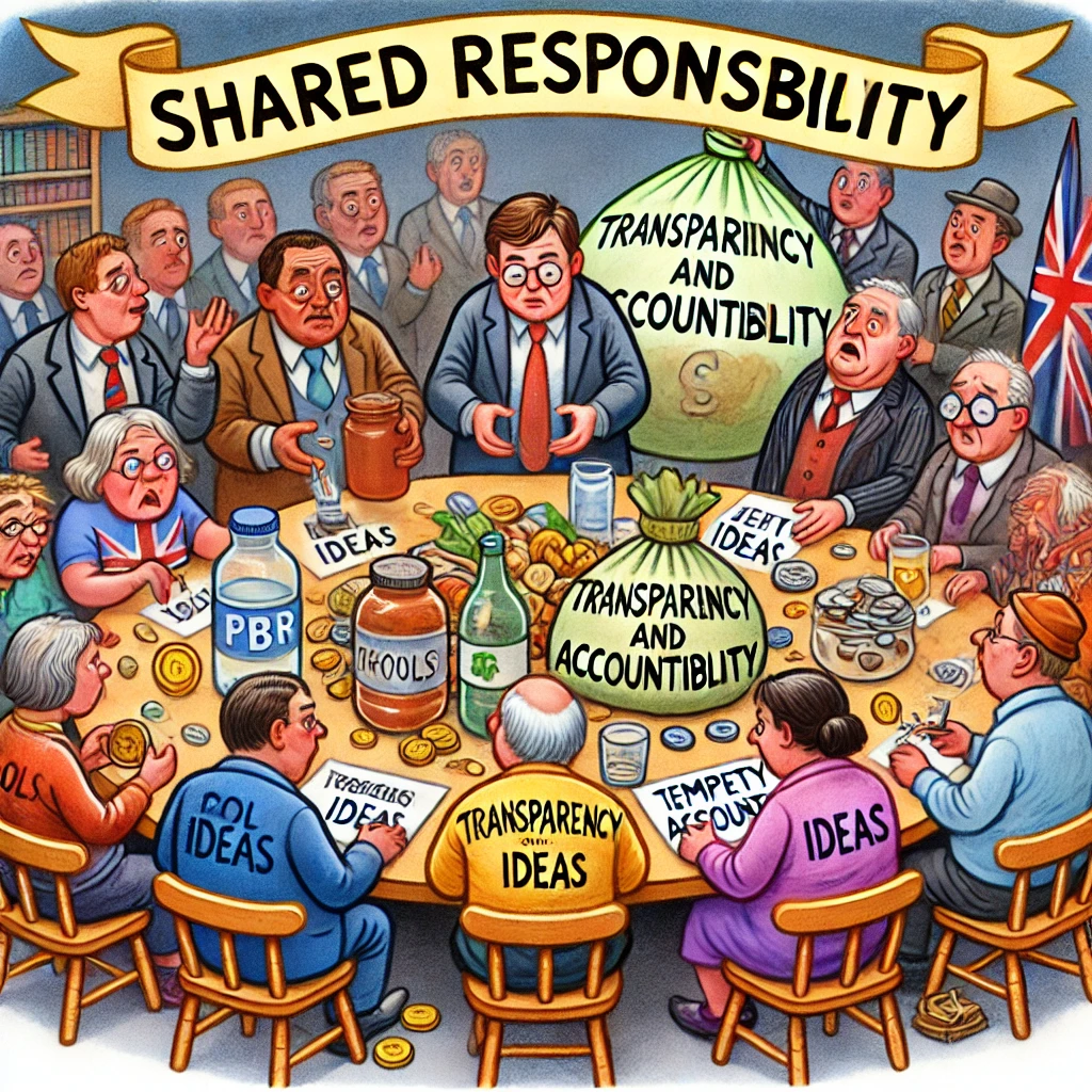 Cartoon van een gemeenschap rond een tafel "Gedeelde Verantwoordelijkheid," met bijdragen zoals gereedschap, ideeën en geld, terwijl een politicus in de achtergrond kijkt naar een leeglopende zak met "Lege Beloftes."