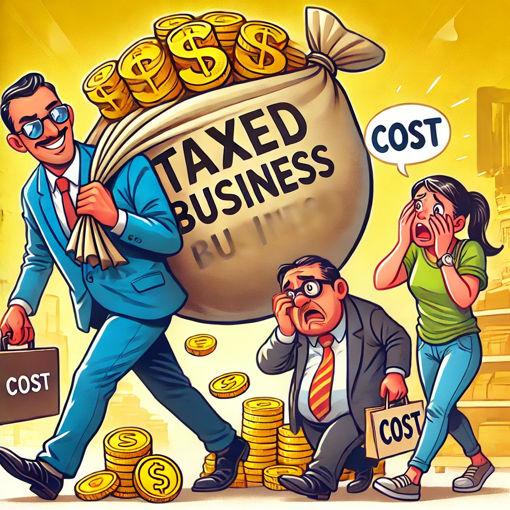 Cartoon van een zakenman met een bord "Belast Bedrijf" op zijn rug, die een zware zak met "Kosten" doorgeeft aan een vermoeide arbeider en een geschrokken consument.