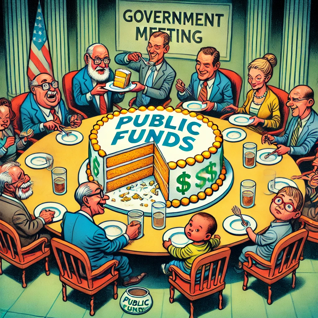 Cartoon van politici aan een tafel met een grote taart "Publieke middelen," terwijl een kind in de hoek hongerig kijkt met een leeg bord.