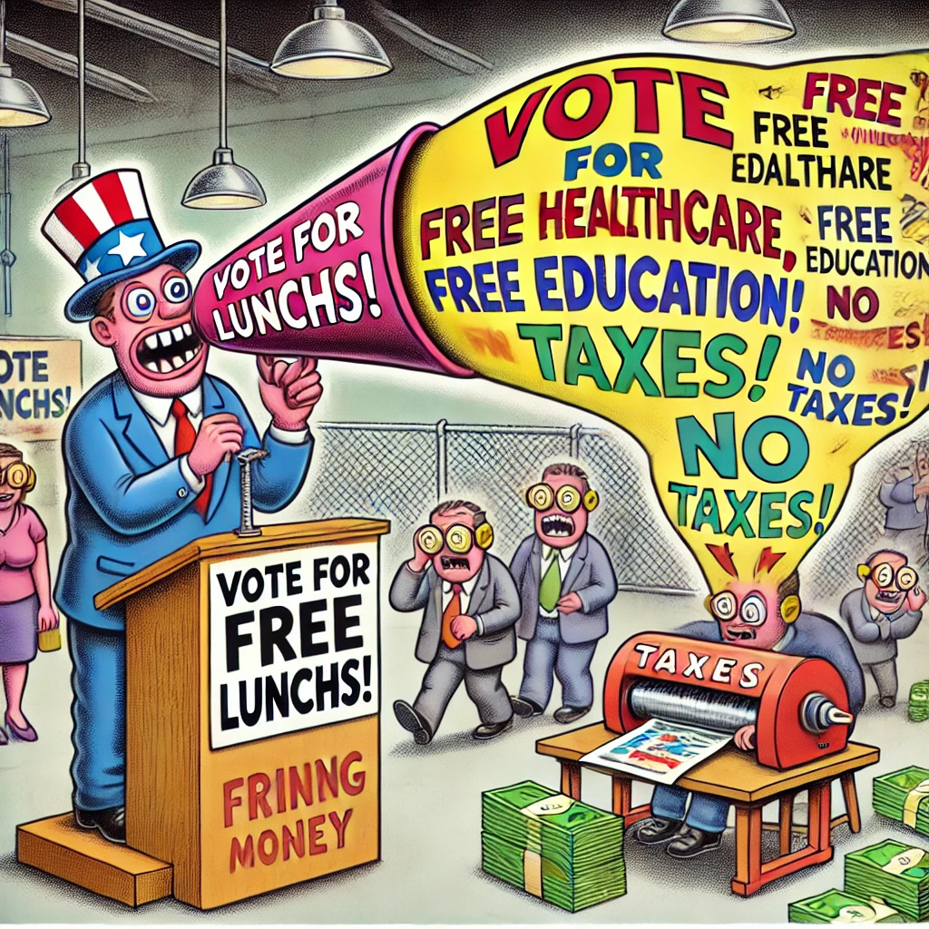 Cartoon van een politicus bij een podium "Stem voor Gratis Lunches!" met een megafoon vol beloften, terwijl burgers hun oren dichtstoppen en verborgen arbeiders geld printen en belastingen innen.