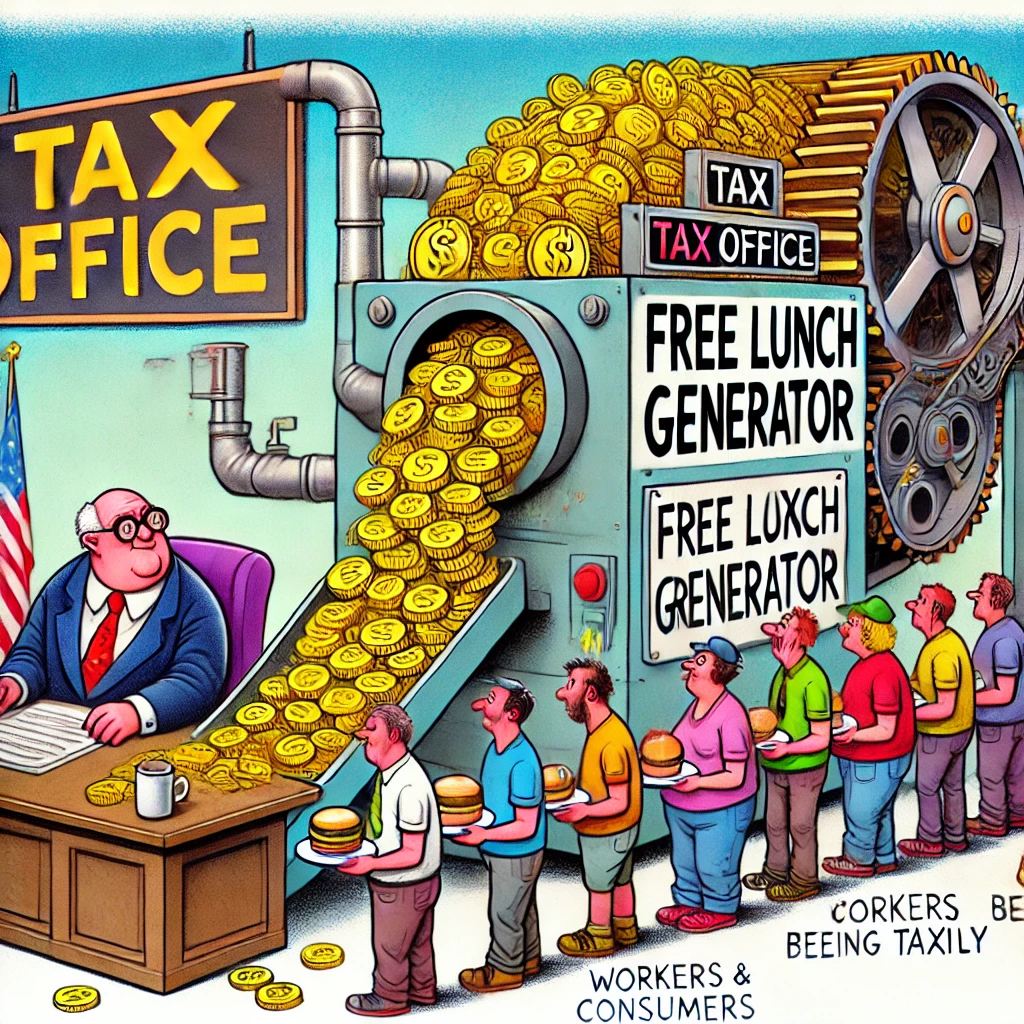 Cartoon van een overheidsfunctionaris bij een "Belastingkantoor" die een "Gratis Lunch Generator" bedient terwijl arbeiders en consumenten op de achtergrond belast worden.