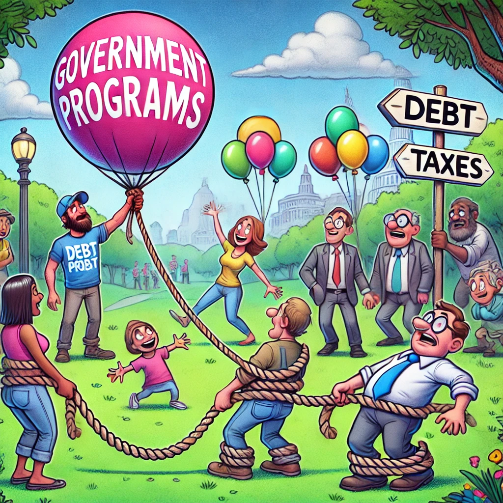 Cartoon van een groep blije burgers in een park met een gigantische ballon met het label "Overheidsprogramma's," vastgebonden met touwen gelabeld "Schuld" en "Belastingen."