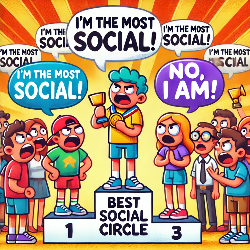 Een cartoon van een persoon die op een podium staat en een medaille ontvangt voor 'Beste sociale kring,' terwijl zijn vrienden op de achtergrond luid ruziën over wie het meest sociaal is.