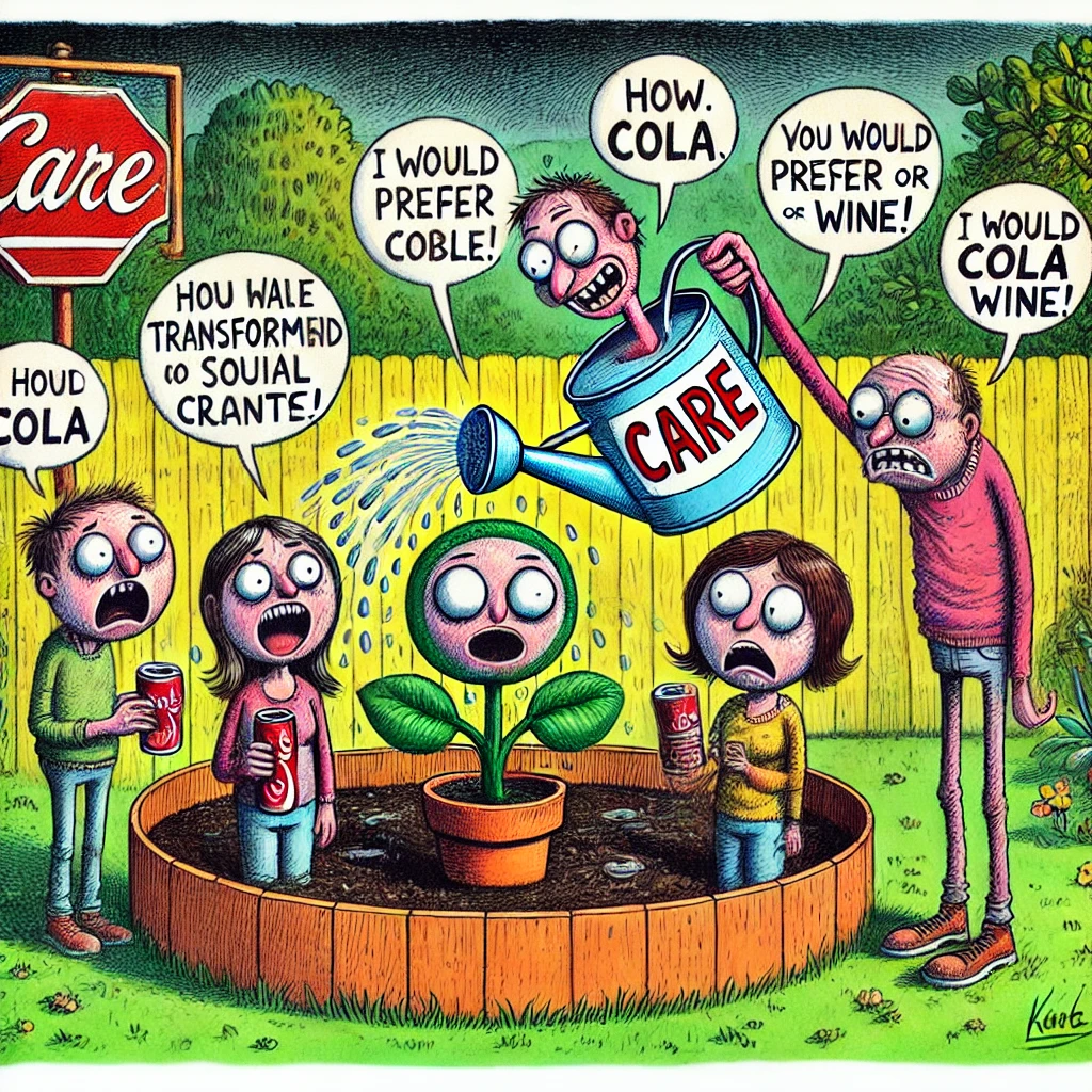 Een cartoon van een persoon die zijn sociale kring water geeft met een gieter waarop 'Zorg' staat, terwijl de mensen in de kring in planten veranderen en klagen dat ze liever cola of wijn willen.