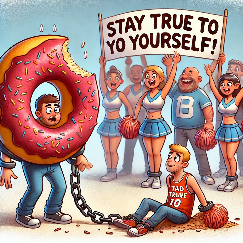 Een cartoon van een persoon die vastgeketend zit aan een enorme donut, terwijl een groep enthousiaste cheerleaders borden omhooghoudt met teksten zoals "Blijf lekker jezelf!"