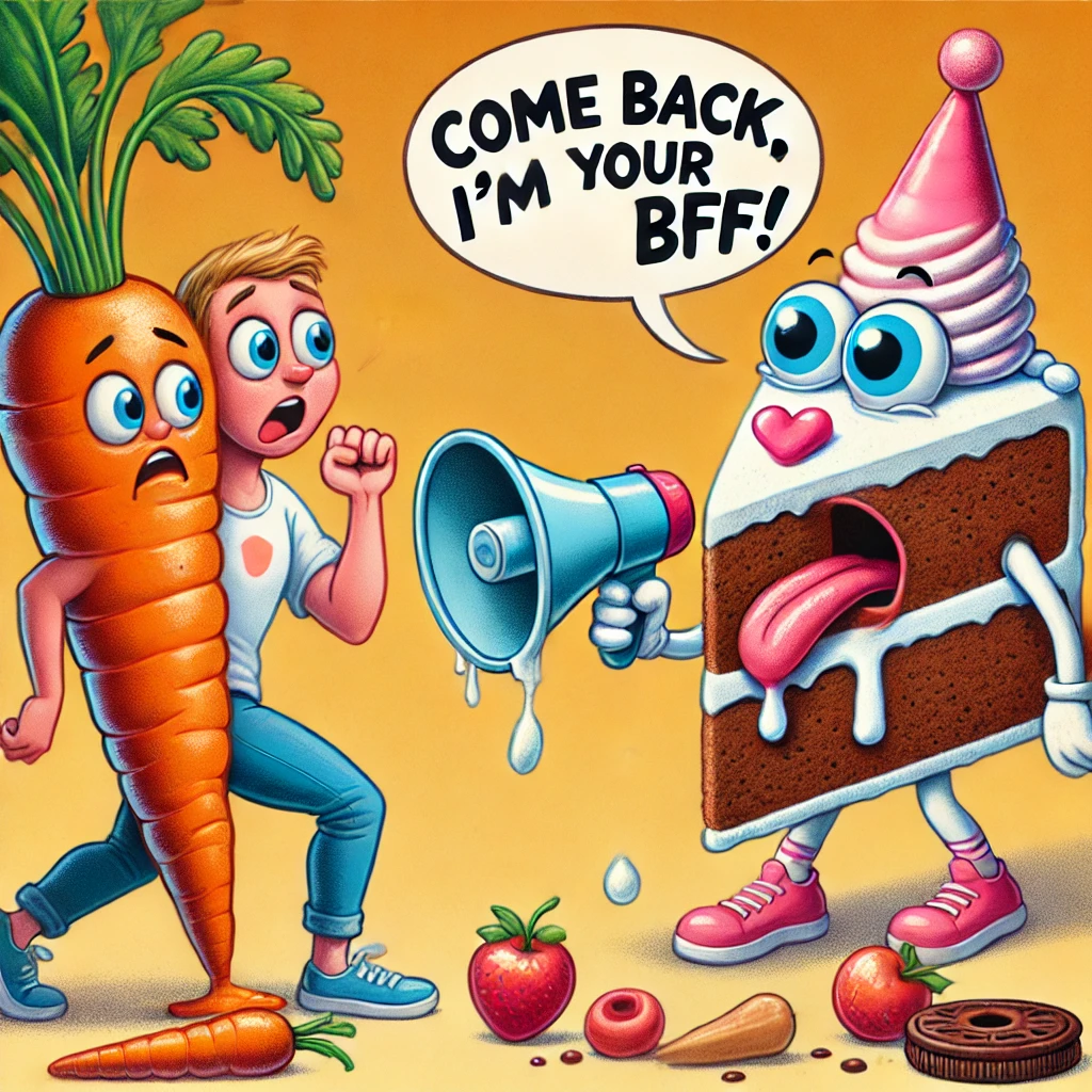 Een cartoon van een persoon die worstelt om een gigantische wortel te eten, terwijl een verleidelijke pratende taart met een megafoon roept: "Kom terug, ik ben je BFF!"