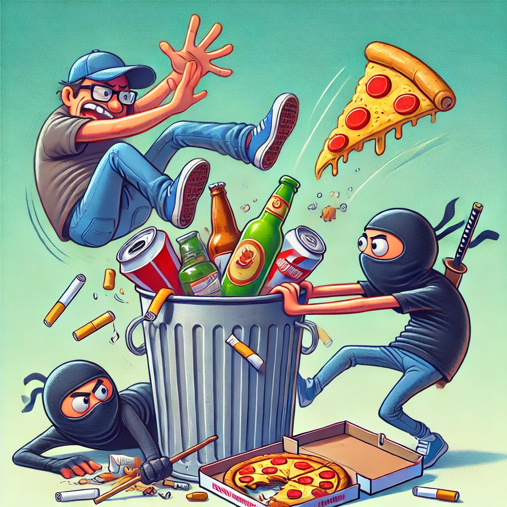 Een cartoon van een persoon die probeert slechte gewoonten in een prullenbak te gooien, terwijl voorwerpen zoals een pizzadoos, een sigaret en een lege bierfles eruit klimmen als ninja’s en aan zijn benen trekken.