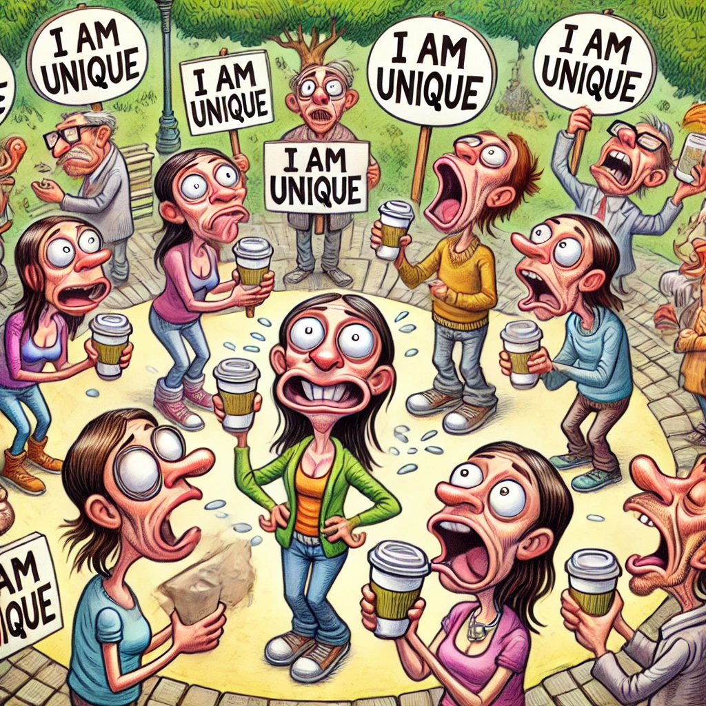 Een cartoon van een groep mensen in een kring die bordjes vasthouden met de tekst "Ik ben uniek," terwijl ze allemaal identieke activiteiten uitvoeren, zoals koffie drinken en selfies maken.