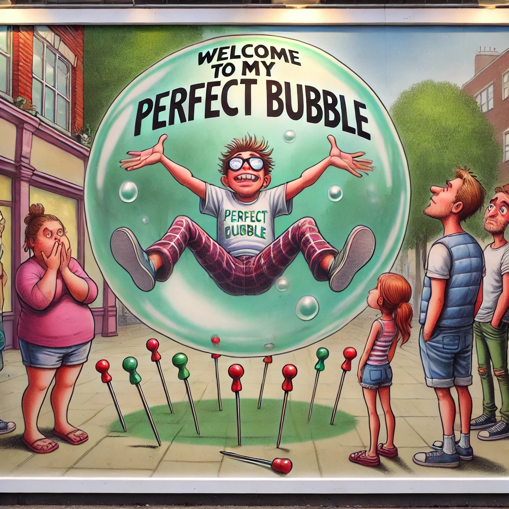Een cartoon van een persoon die in een grote zeepbel zweeft met het bordje "Welkom in mijn perfecte bubbel," terwijl een groep vrienden eronder staat met spelden om de bubbel door te prikken.