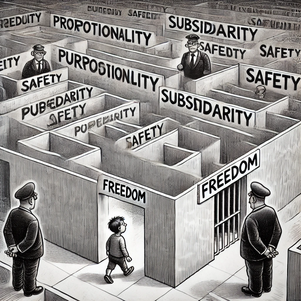 Cartoon van een kind dat door een doolhof loopt met muren gelabeld als proportionaliteit, subsidiariteit en veiligheid, terwijl een kleine deur naar vrijheid net buiten bereik ligt