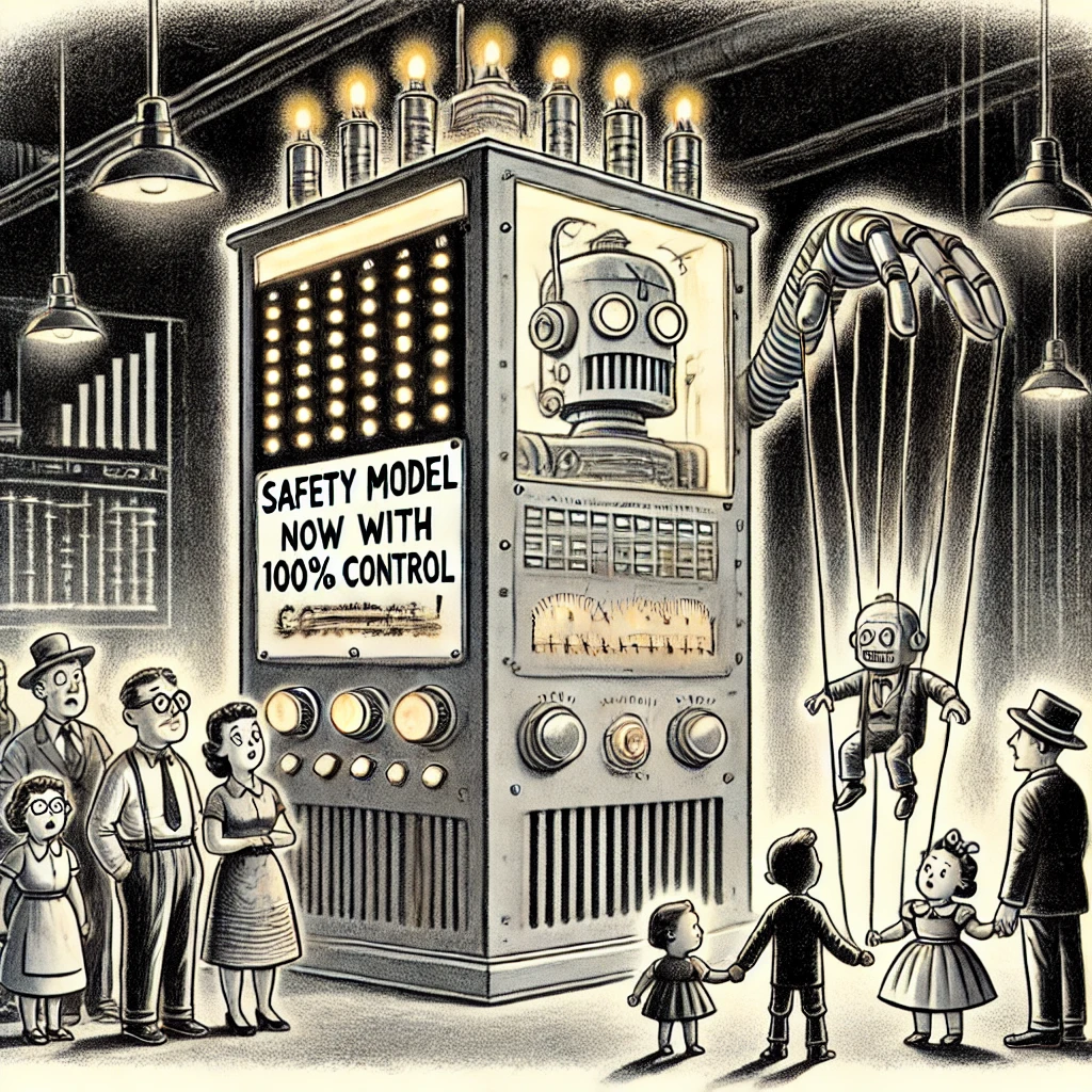 Cartoon van een kil mechanisch computersysteem dat kinderen en ouders als marionetten bestuurt, met een ironische verwijzing naar een veiligheidsmodel.