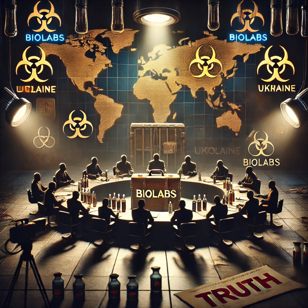 Een symbolische afbeelding die de spanning tussen geheimhouding en transparantie in internationale politiek weergeeft. Een laboratorium met proefbuizen, biohazard-symbolen en kaarten van Oekraïne op de achtergrond. Op de voorgrond staan schaduwachtige figuren die media, regeringen en burgers vertegenwoordigen in debat, met een spotlight op een tafel met een gesloten koffer gemarkeerd met 'Biolabs' en een verscheurd document met het woord 'Truth'.