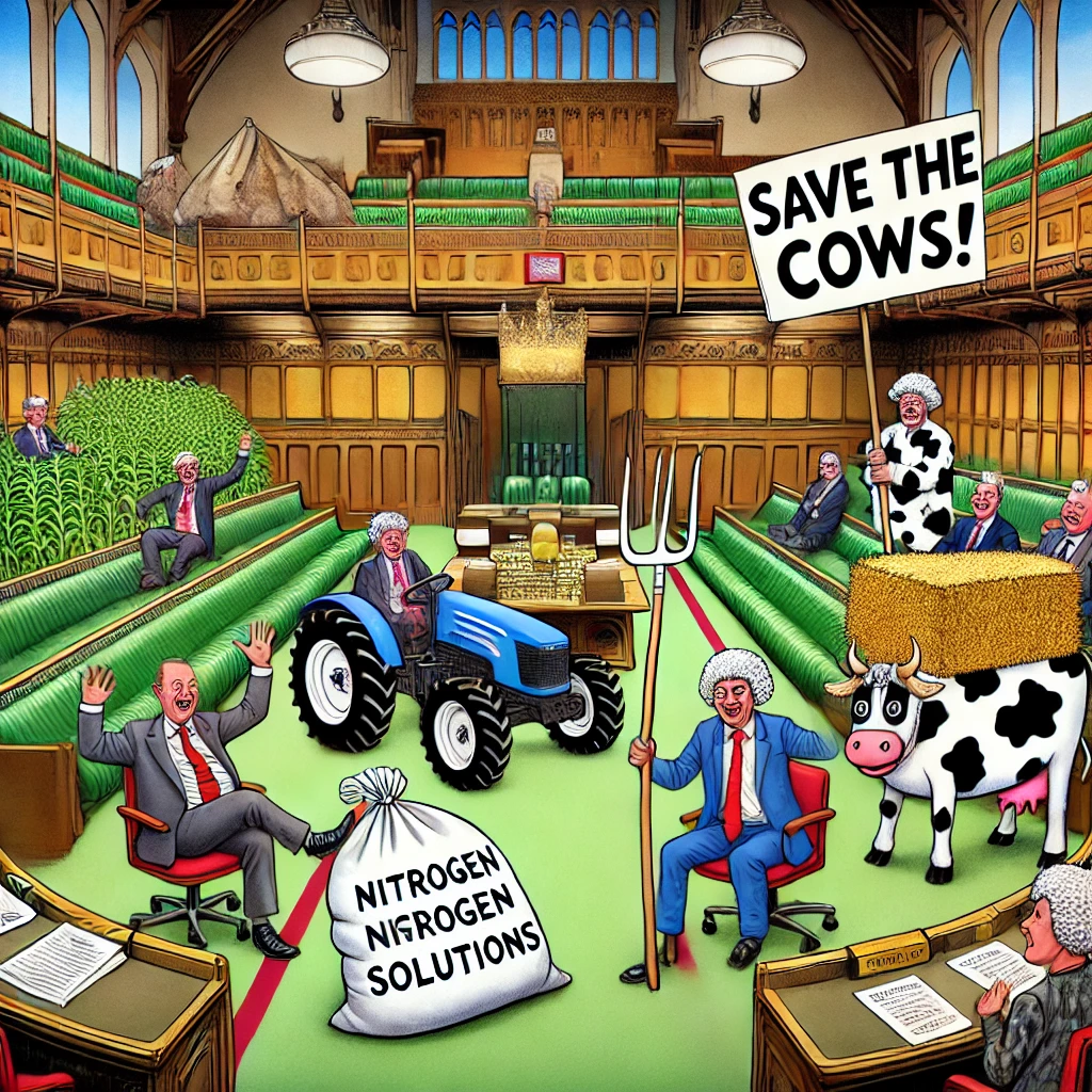 Cartoon van politici verkleed als boeren die met gigantische tractoren door het parlement rijden, met hooi op de grond en een cartoonkoe als rechter.