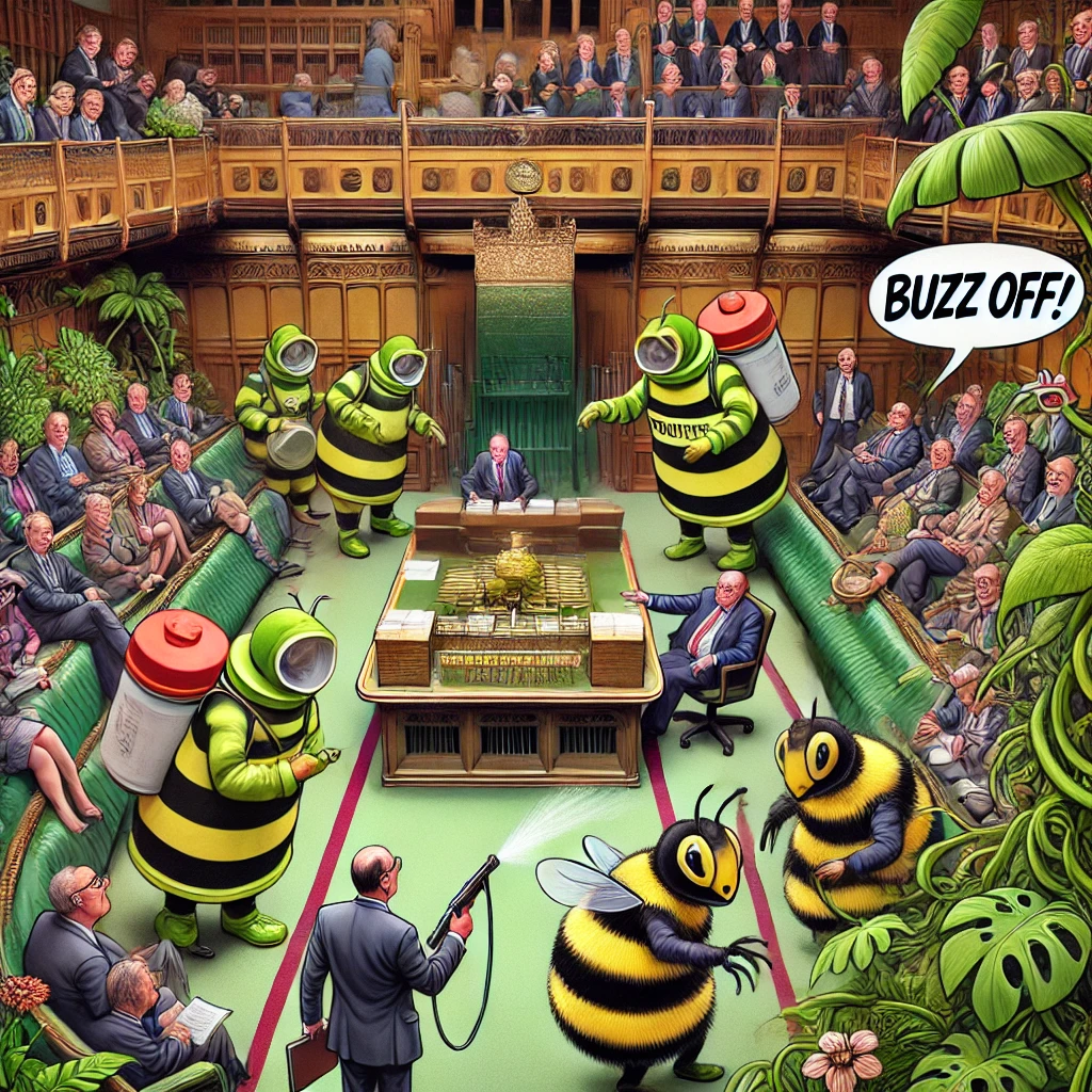 Cartoon van politici als tuiniers in een parlement dat is omgetoverd tot een jungle, met reuzenpesticidebussen en cartoonbijen.