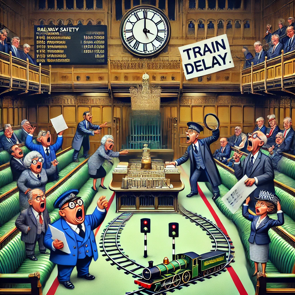 Cartoon van politici verkleed als treinconducteurs en ingenieurs, die met speelgoedtreinen debatteren op een modelspoor in de parlementaire zaal.