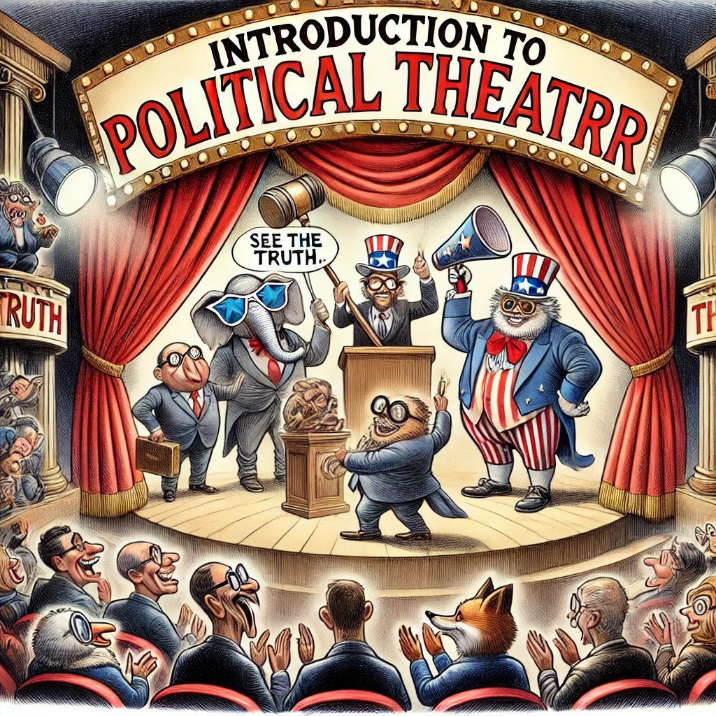 Een humoristische cartoon van een podium met politici als acteurs, met overdreven rekwisieten zoals een gigantische megafoon, een grote hamer en oversized brillen.