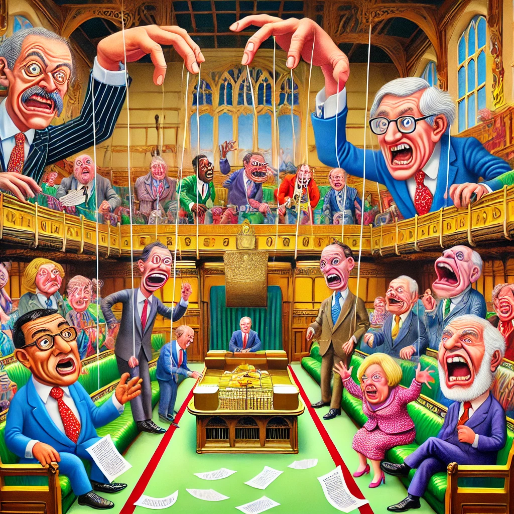 Een ironische cartoon van een chaotisch parlementair debat met politici die als marionetten worden bestuurd door onzichtbare handen, met overdreven uitdrukkingen en nonsensicale speech bubbles.