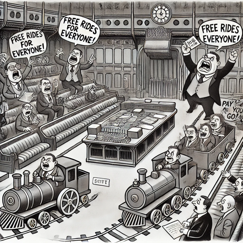 Cartoon van politici die op oversized speelgoedtreinen en -bussen rijden tijdens een chaotisch debat over openbaar vervoer, met tegenstrijdige borden zoals 'Gratis Ritten voor Iedereen!' en 'Betalen per Rit!'.