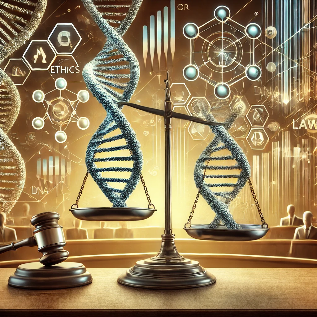 Illustratie van een weegschaal met een DNA-streng aan de ene kant en juridische documenten aan de andere kant, tegen de achtergrond van een rechtbank en technologische symboliek.