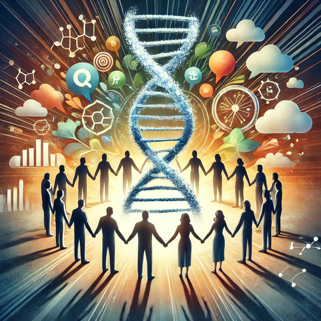 Illustratie van een groep mensen die hand in hand een gloeiende DNA-streng omringen, met op de achtergrond abstracte visuals van dialoog en samenwerking.