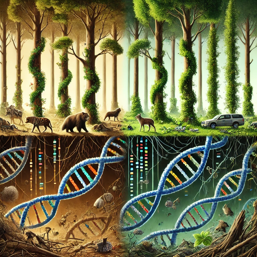 "Illustratie van een bos met DNA-strengen die zich vermengen met bomen en dieren, waarbij de ene helft een gezond ecosysteem toont en de andere helft een verstoorde natuur met invasieve soorten en afbraak.