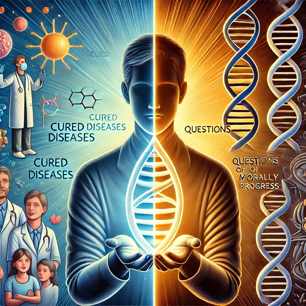 Illustratie van een wetenschapper die een gloeiende DNA-streng vasthoudt, met een gespleten achtergrond: een heldere toekomst van vooruitgang aan de ene kant en ethische uitdagingen en onzekerheid aan de andere kant.