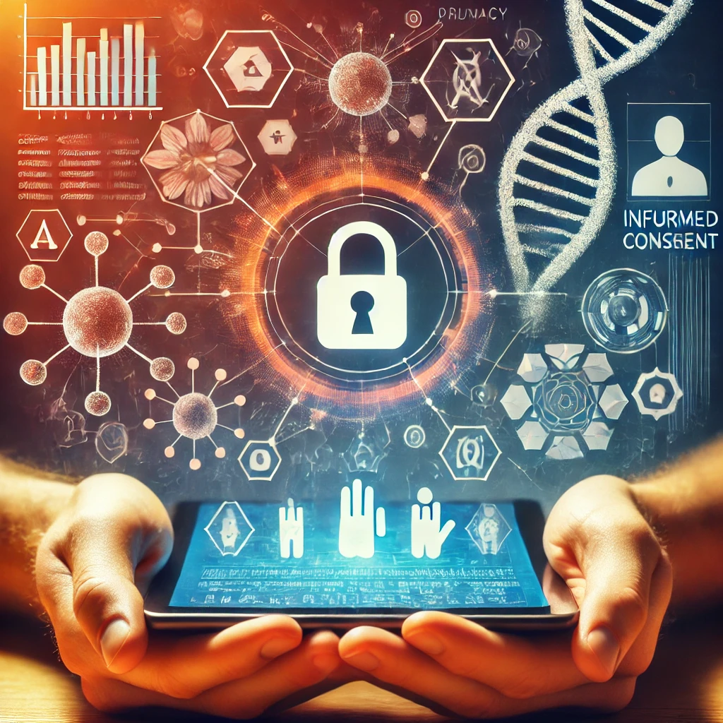 Illustratie van een persoon die een tablet vasthoudt met daarop genetische informatie en een slotpictogram, terwijl data en verbonden nodes op de achtergrond de behoefte aan geïnformeerde toestemming benadrukken.