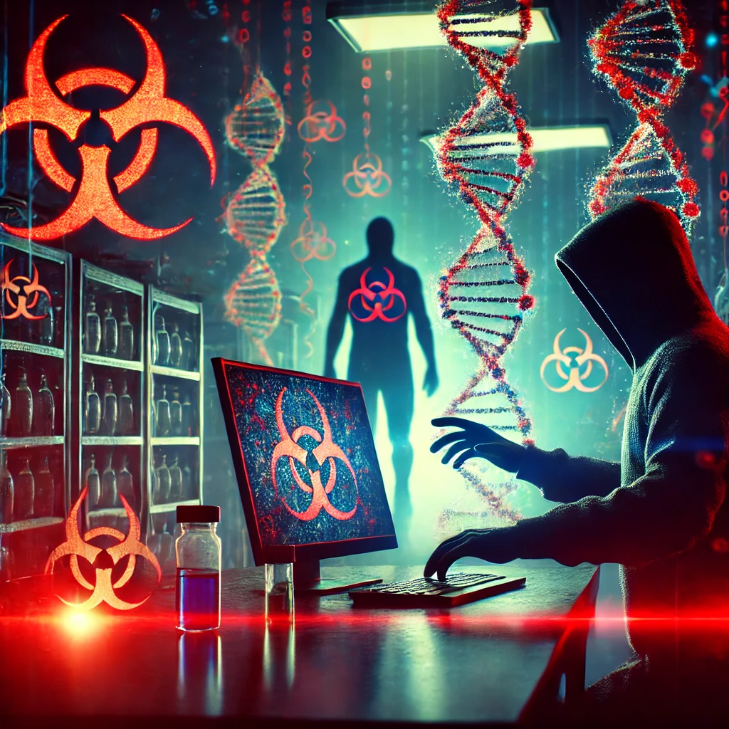 Donkere illustratie van een schaduwfiguur die DNA-strengen op een computer manipuleert, met biohazard-symbolen en een dreigende sfeer.