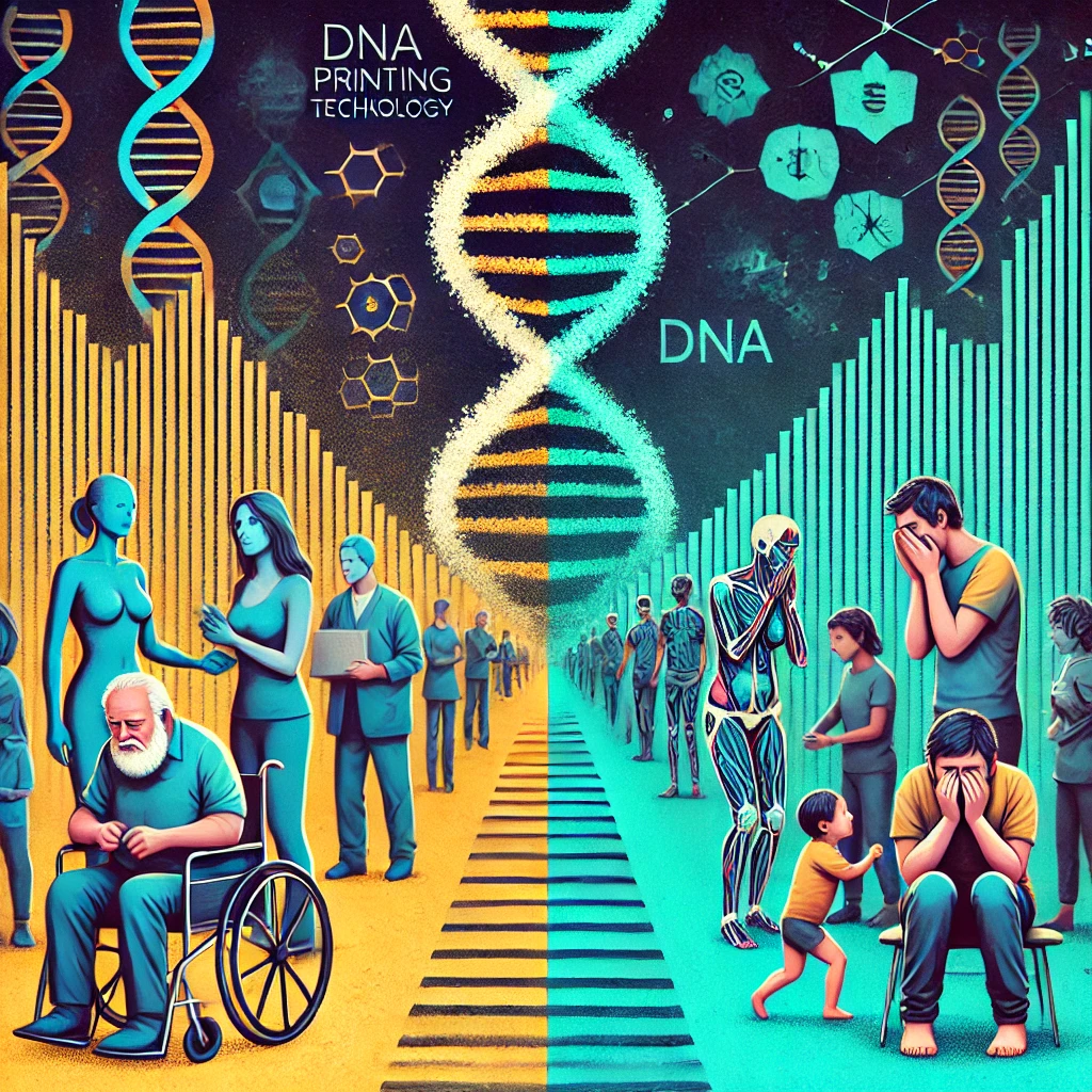 Illustratie van twee contrasterende groepen: een gezonde en welvarende groep dankzij genetische modificatie, en een zieke en arme groep zonder toegang, tegen een achtergrond van DNA-strengen en symbolische scheidingslijnen.