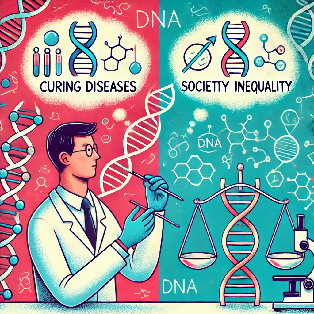 Illustratie van een wetenschapper die een DNA-streng vasthoudt, met een gedachtebel die mogelijke gevolgen toont: het genezen van ziekten en het veroorzaken van maatschappelijke ongelijkheid, omringd door ethische symbolen zoals een weegschaal.