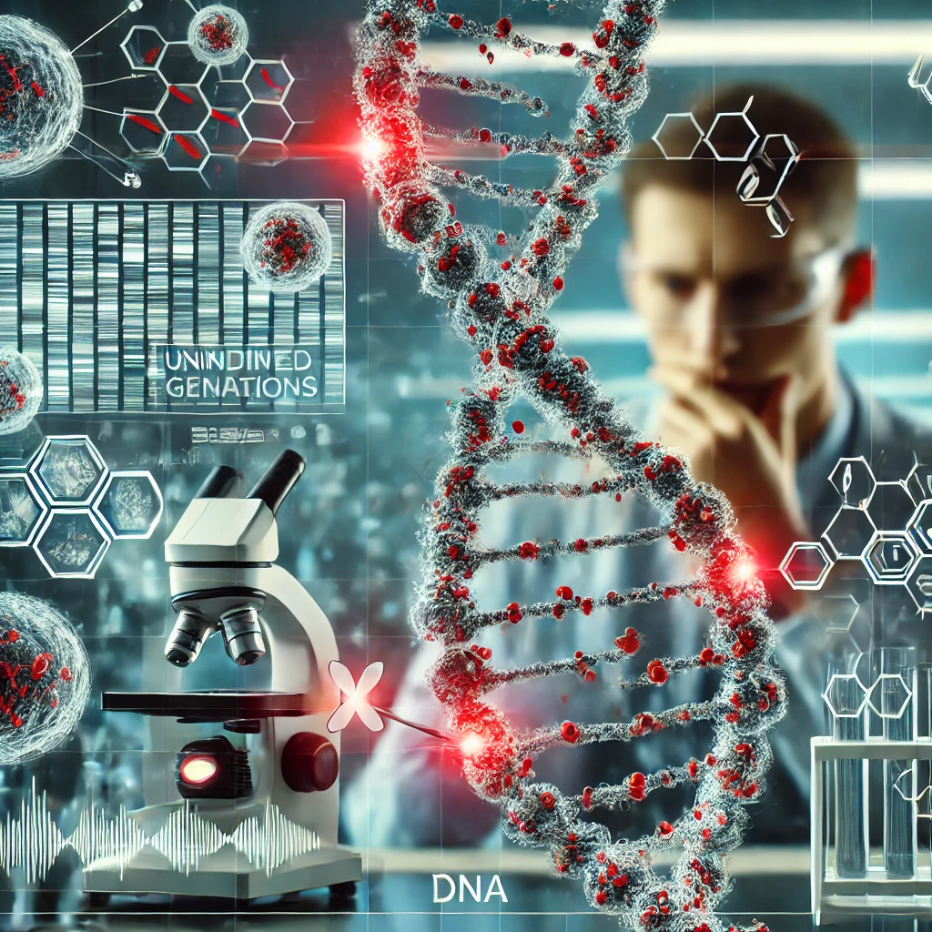 Illustratie van een DNA-streng met rode highlights om genetische mutaties aan te duiden, terwijl een wetenschapper in een laboratorium de sequentie analyseert.