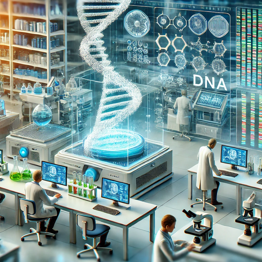 Illustratie van wetenschappers in een hightech laboratorium die met geavanceerde apparatuur DNA-strengen printen en assembleren, omringd door moderne laboratoriumtools zoals microscopen en computerschermen.