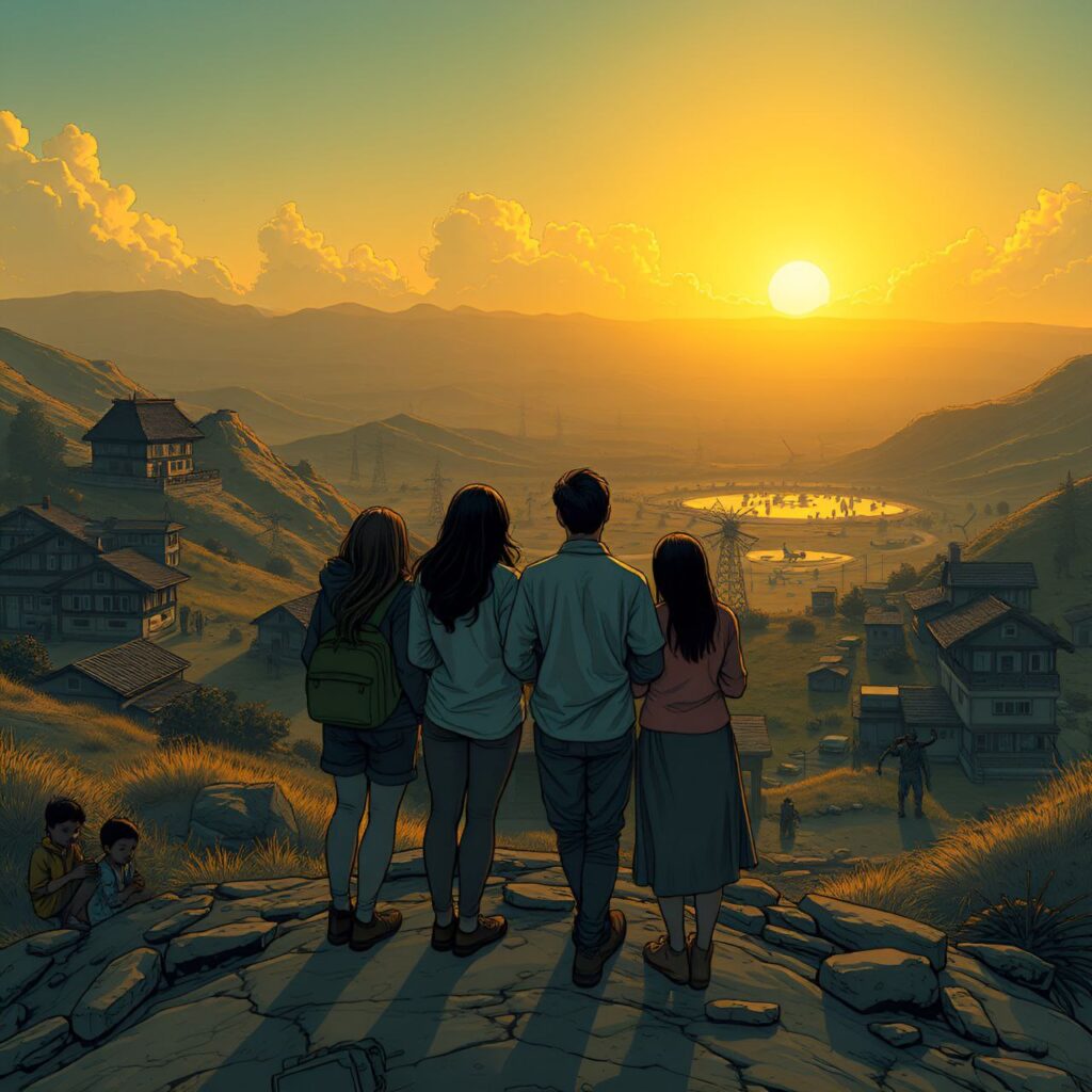 Elena, Daan, Malik, Maria en Basir kijken uit over een bloeiende wereld, terwijl de sterren vervagen en hoop de toekomst verlicht.