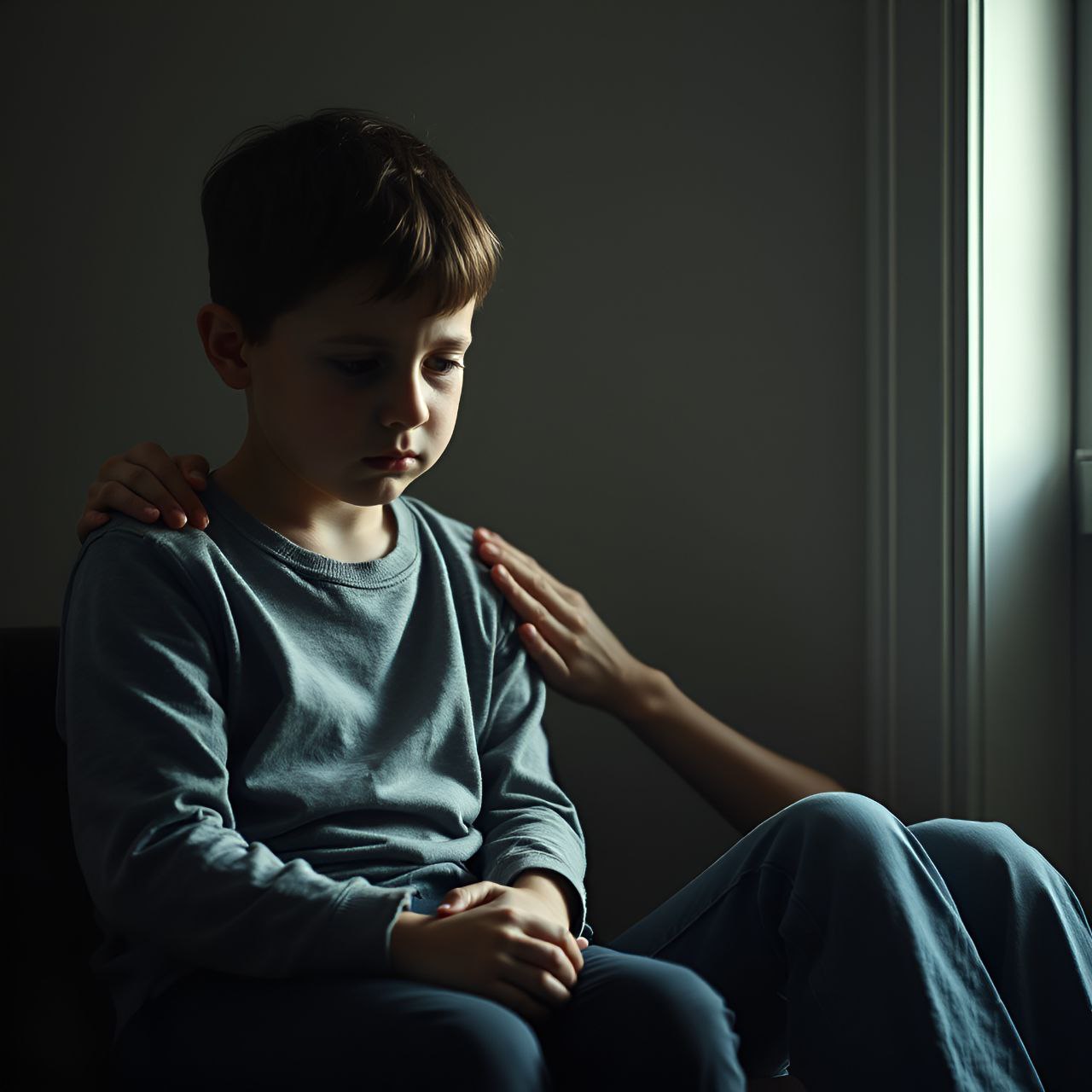 Een emotionele scène van een kind dat naast een ouder zit in een stille kamer, symbool voor de impact van dwangmaatregelen in de jeugdzorg. De ouder toont bezorgdheid en steun, terwijl het kind verdrietig en onzeker kijkt.