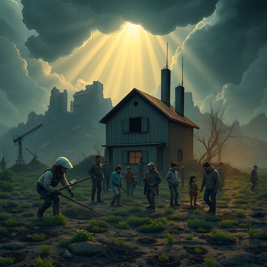 Mensen van diverse achtergronden bouwen samen aan duurzame technologie en landbouw in een herstellende wereld.