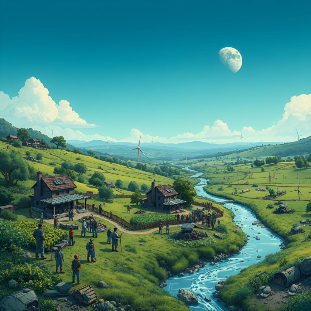 Een wereld waar technologie en natuur in harmonie bestaan, met mensen die samenwerken aan duurzame vooruitgang.