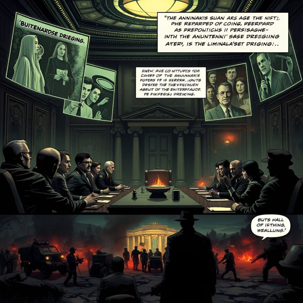 In een donkere vergaderruimte bespreken elites de buitenaardse boodschap, terwijl buiten chaos en protest uitbreken.