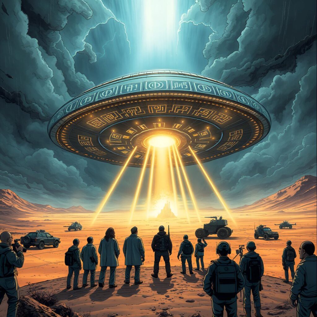 Een gigantisch alien schip zweeft boven een woestijn, terwijl wetenschappers en gewone mensen in shock omhoog kijken.