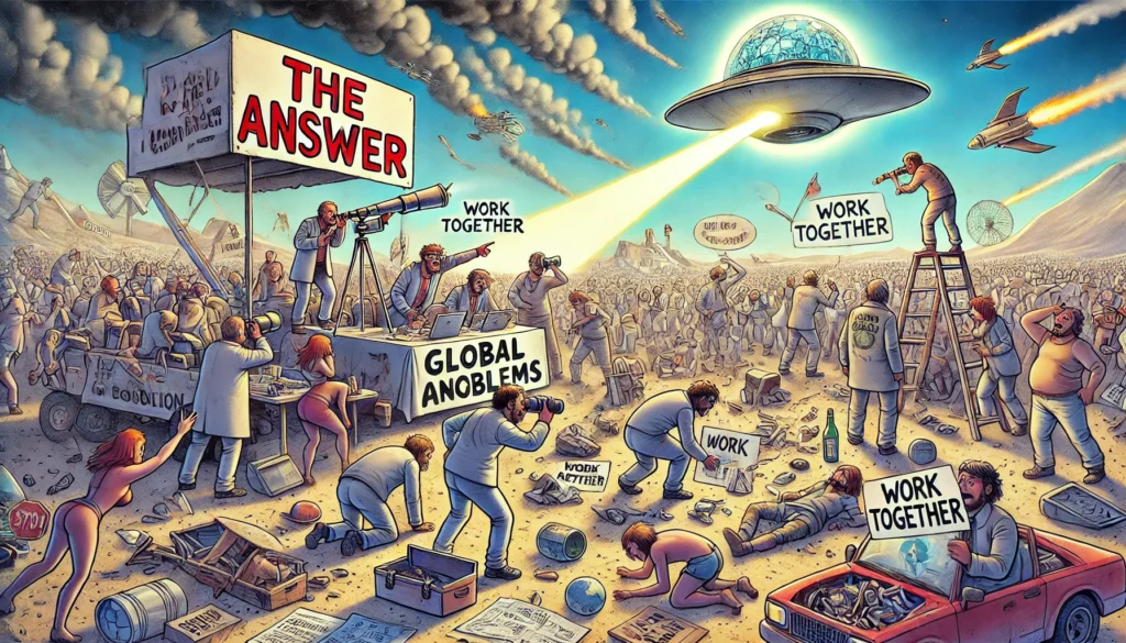 Mensen zoeken wanhopig naar antwoorden in de lucht waar een alien-schip zweeft, terwijl een bord met 'Work Together' op de grond wordt genegeerd.