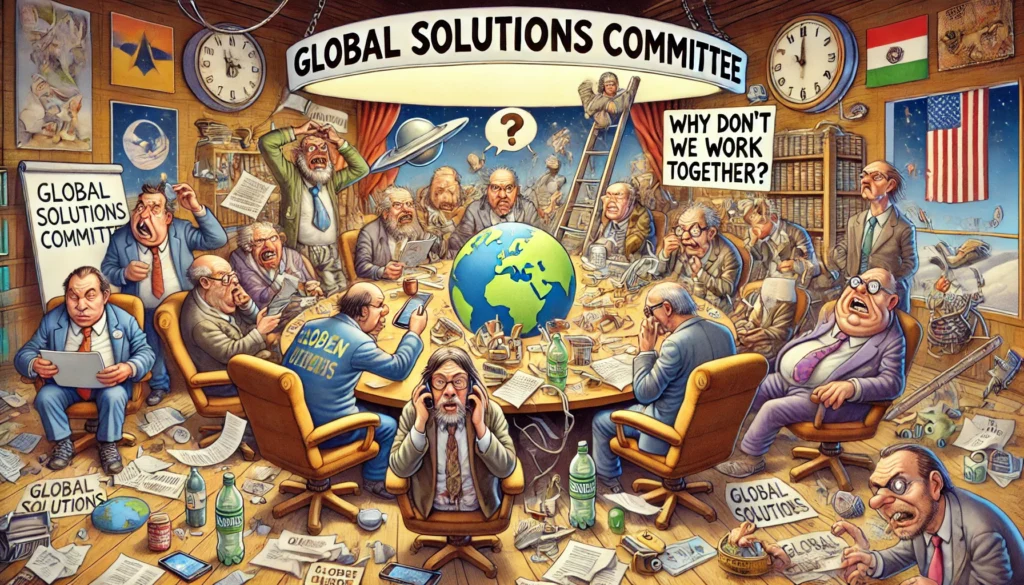 Een chaotische vergaderruimte waar mensen afgeleid zijn, ruzie maken en een simpele suggestie om samen te werken wordt genegeerd.