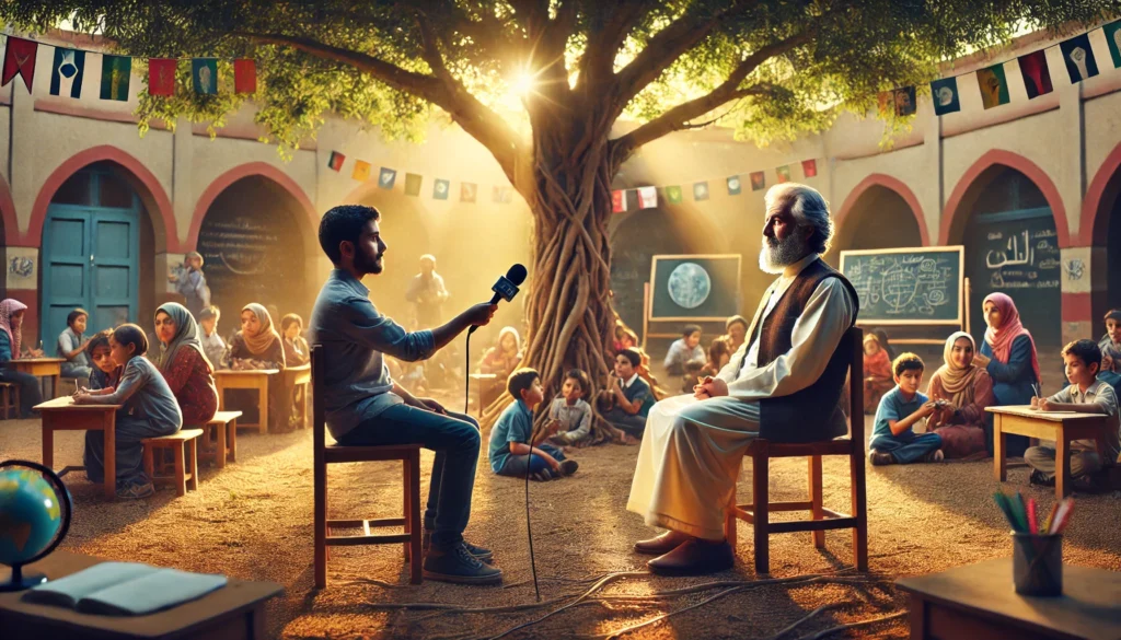 Basir al-Khazal wordt geïnterviewd onder een grote boom, omringd door kinderen en jonge volwassenen die samenwerken en leren in een openlucht klasomgeving.