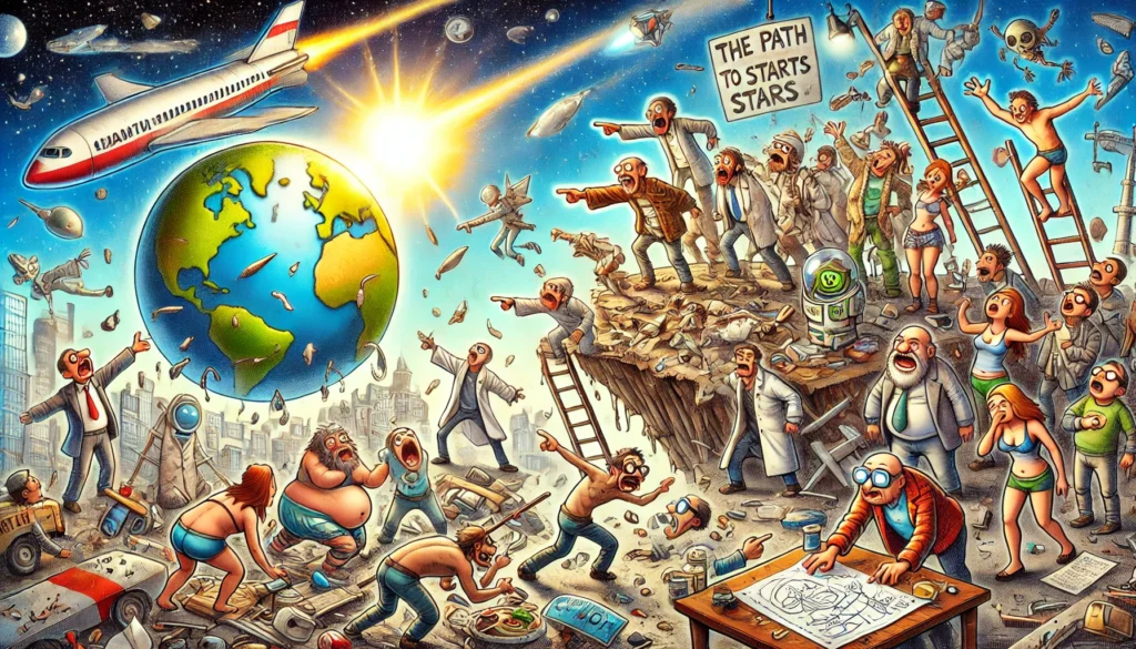 Een groep mensen wijst naar een ster aan de hemel terwijl chaos heerst op aarde, inclusief een gebroken ladder en een mislukte raket.