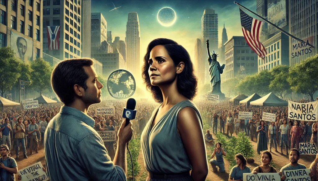 Maria Santos wordt geïnterviewd op een levendig stadsplein, terwijl een menigte met banners van hoop en samenwerking haar boodschap ondersteunt.