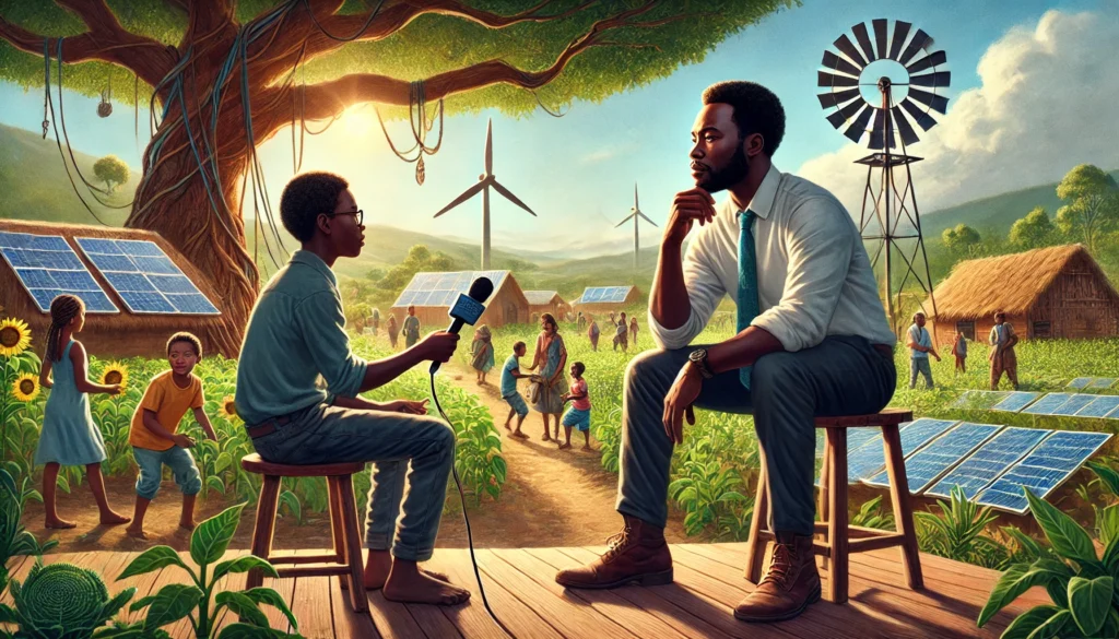 Malik Hussein wordt geïnterviewd in een zelfvoorzienend dorp, omringd door jonge technici, duurzame energieprojecten en een levendige gemeenschap.