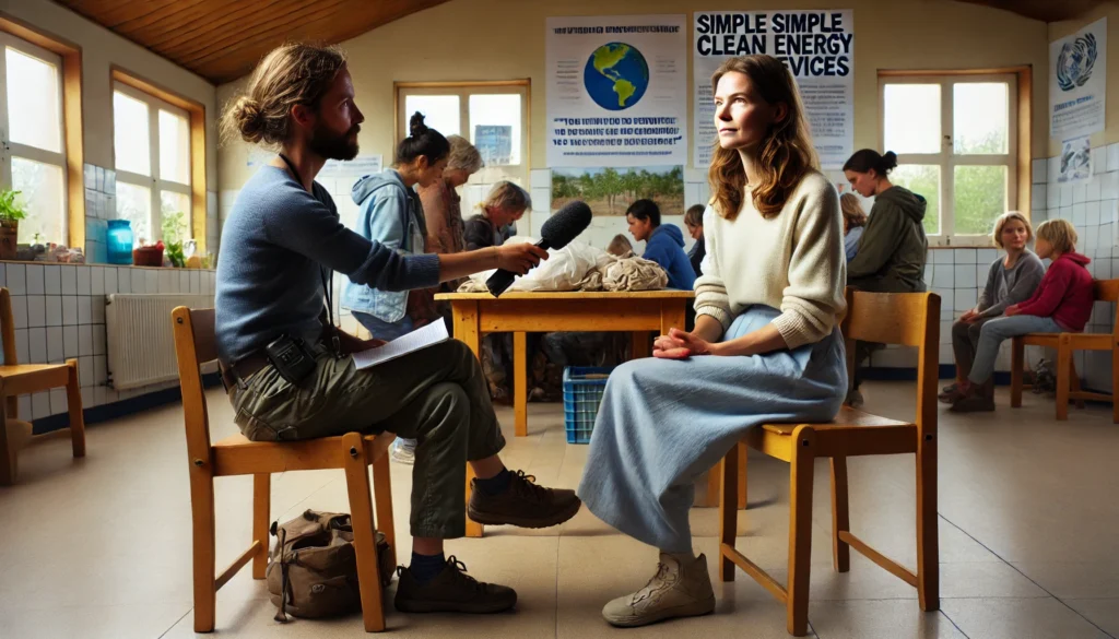 Sophie Verhoeven wordt geïnterviewd in een gemeenschapsruimte waar mensen samenwerken aan duurzame projecten zoals tuinen en energie-installaties.