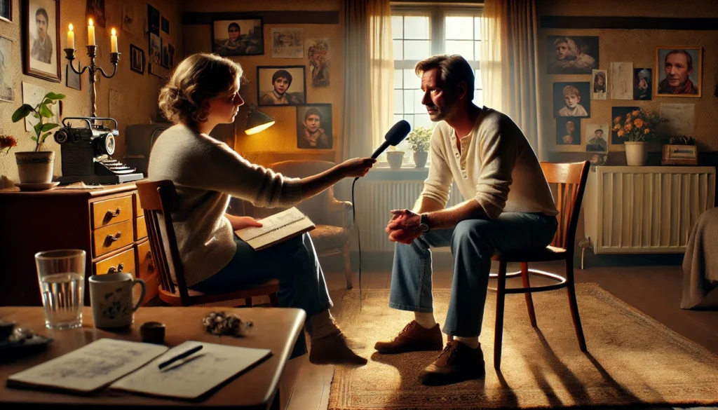 Daan Verhoeven zit in een gezellig ingerichte woonkamer en deelt zijn reflecties met een reporter, met licht dat door het raam stroomt en familiefoto's op de achtergrond.