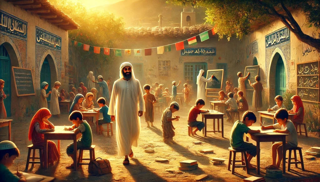 Basir al-Khazal loopt door een levendig schoolplein waar kinderen zelfstandig leren, spelen en samenwerken onder bomen en in open klasruimtes.